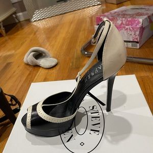 Black and white open toe heels